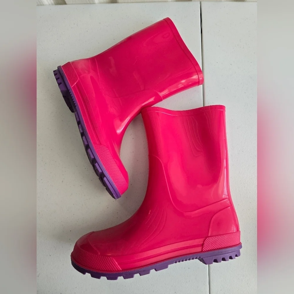 Vibrant Pink Rain Boots with Purple Soles